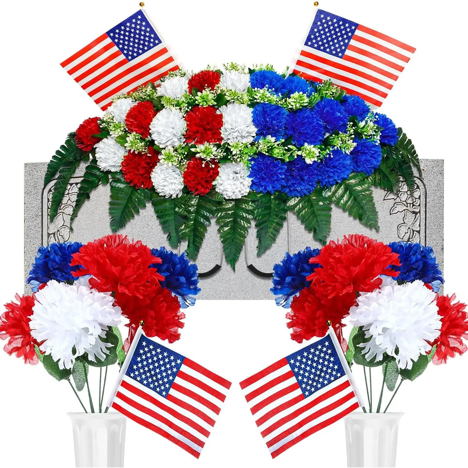 Giegxin 3 Pcs Memorial Day Headstone Flower Saddle Cemetery Flowers for Grave Red White Blue Artificial Memorial Floral with Vase American Flag Patriotic Bouquets for Headstone Tombstone Outdoor Decor