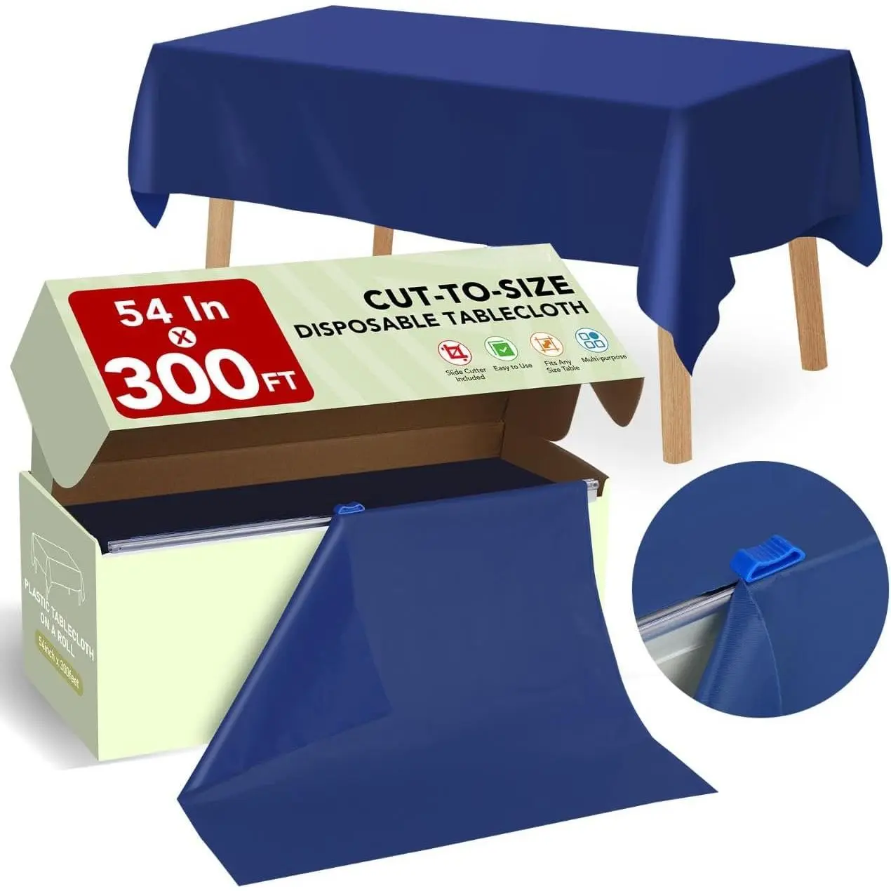 54 in X 300 FT Blue Plastic Table Cover Roll with Slide , Cuts Up to 36 Rectangle 8  Disposable Plastic Table Cloths, Disposable Table Cover Roll for Dinning, Parties, BBQ, Wedding, Outdoor