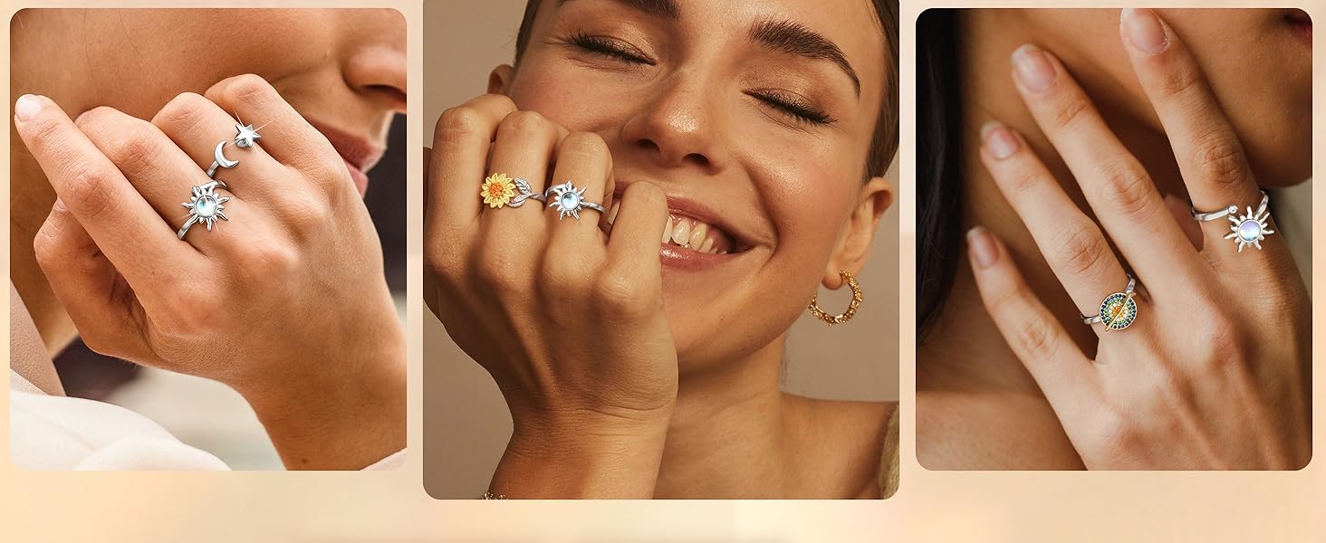 MILACOLATO 2Pcs Silver Anxiety Rings for Women Sunflower Fidget Ring You are My Sunshine Anxiety Ring Moonstone Anti Stress Ring Adjustable Open Spinner Rings for Anxiety Women