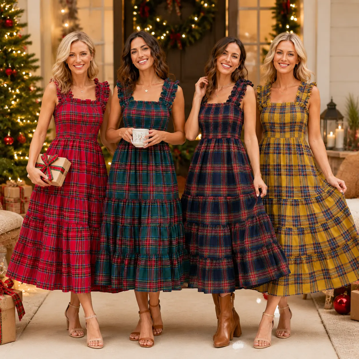 Women Christmas Tartan Plaid Midi Dress Ruffle Spaghetti Strap Square Neck Smocked Tiered Flowy Long Sundress Casual Holiday Party A Line Dress for Fall Winter