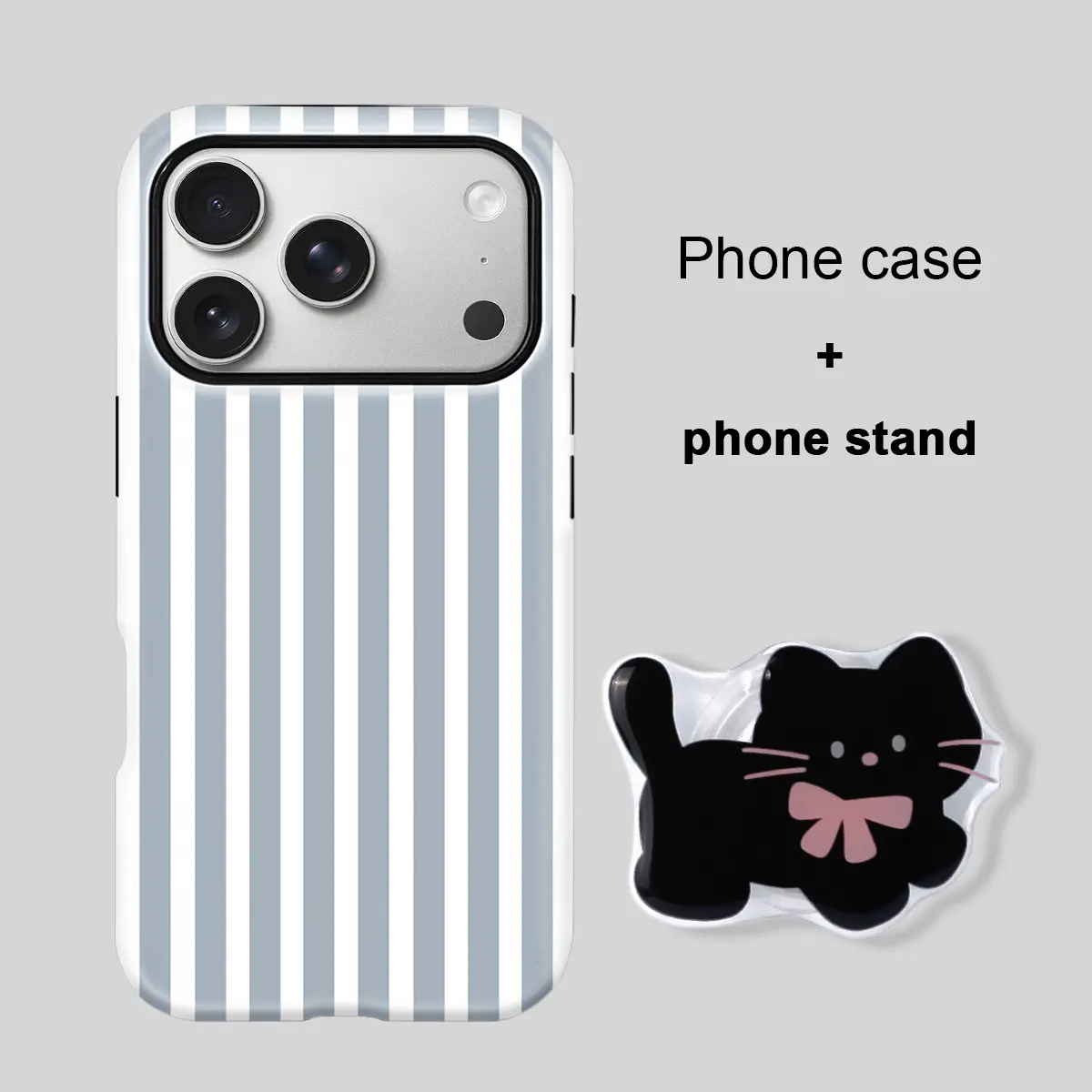 Light Gray White Vertical Striped iPhone Case with Cute Bow Black Cat PopSocket Grip, Raised Lens Shockproof Cover, Minimalist Daily Accessory & Birthday Gift for Girls, Compatible with iPhone 17 Pro Max/17 Pro/16 Pro Max/15 Plus/14/13/12/11