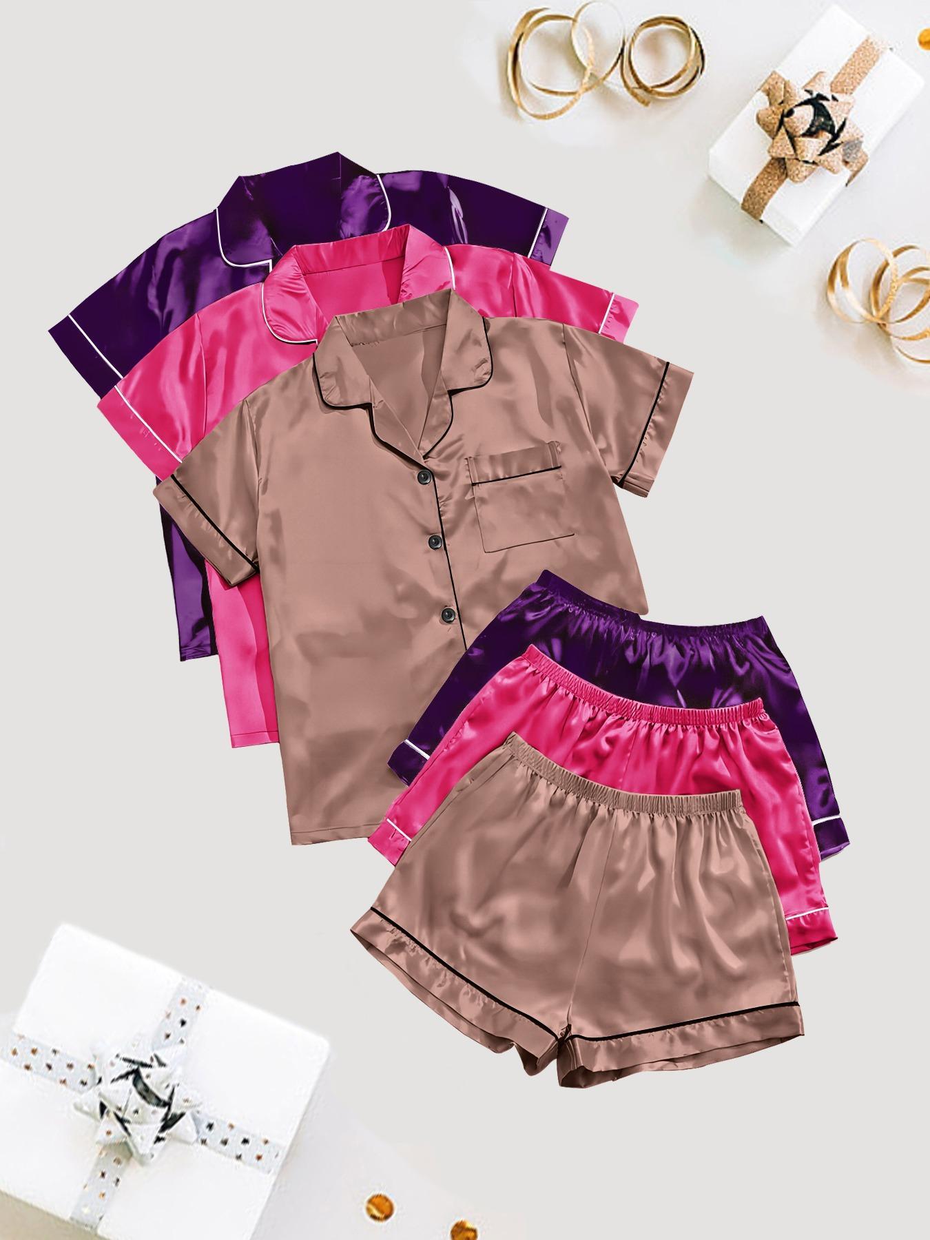 Women's Solid Satin Pyjama Set, Short Sleeve Button Front Lapel Shirt & Contrast Binding Shorts PJ Set, Summer Sleepwear Set, Pajamas, Silky Satin Pajama
