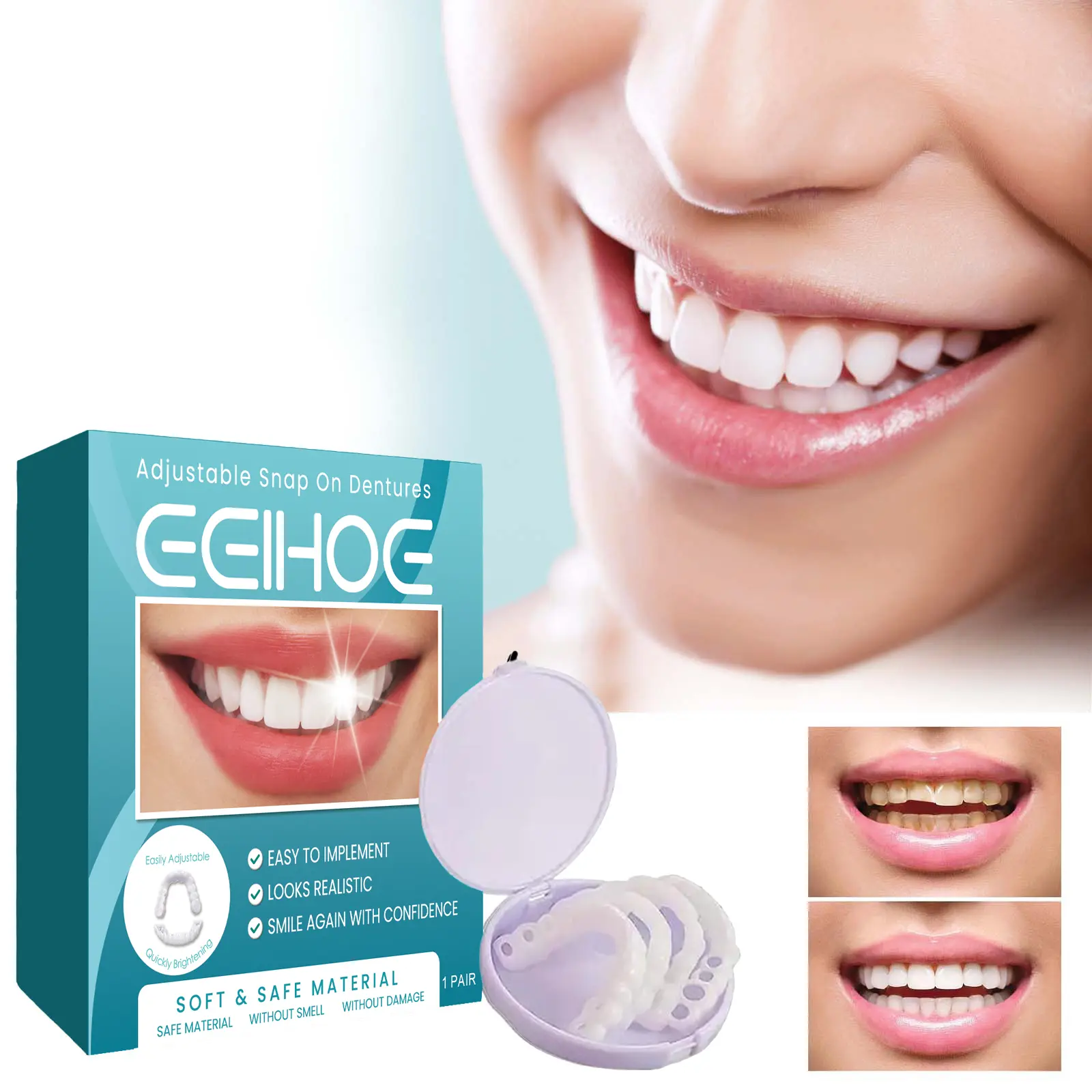 EELHOE Adjustable Cosmetic Smile Veneer Kit, Soft Reusable Temporary Teeth Decor, Natural‑Looking Snap‑on Tooth Cover for Daily Beauty Make‑up