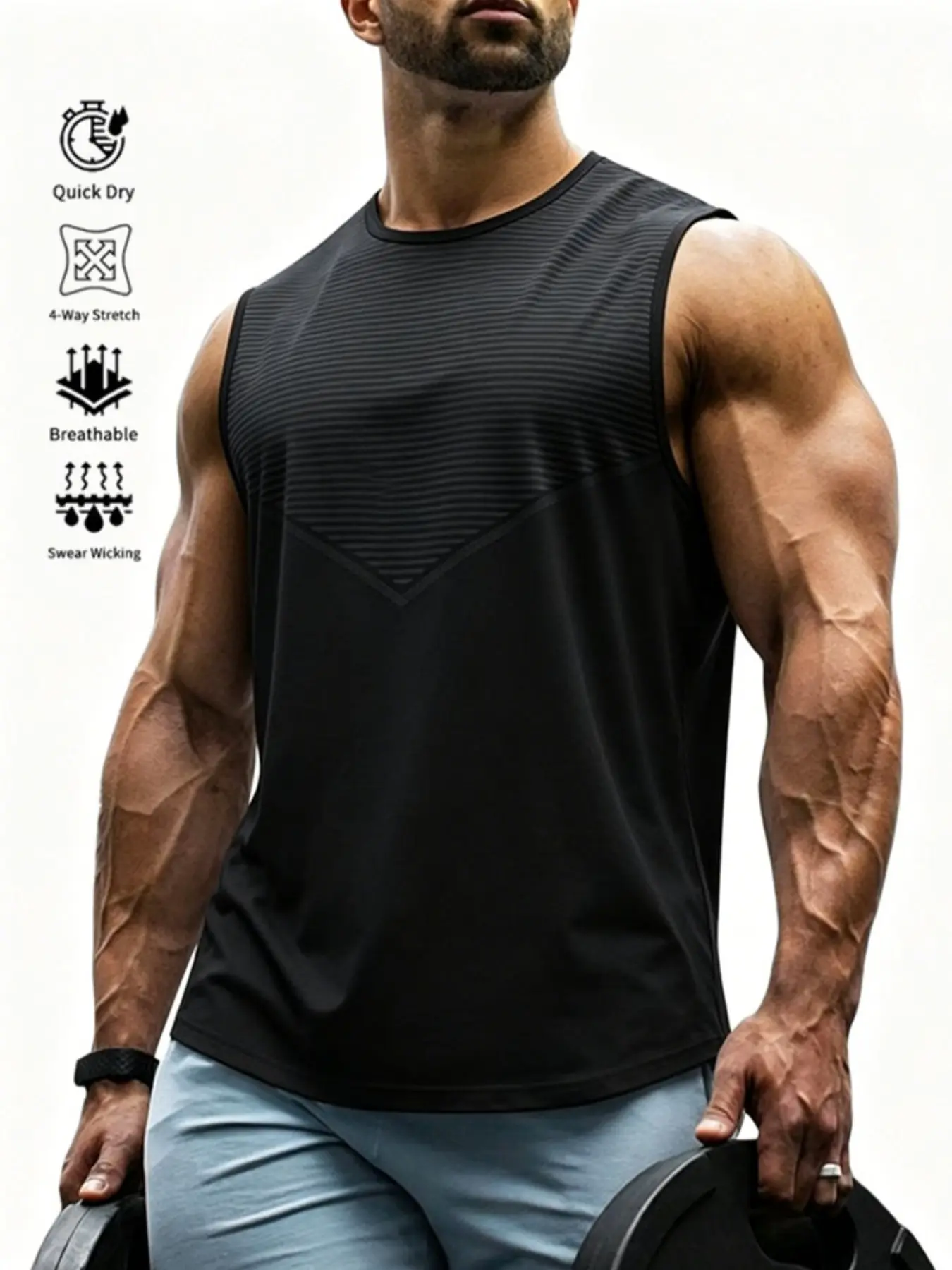 Men's Quick-Dry Sleeveless Sports Tank Top, Compression Lightweight Breathable Sweat-Wicking, Striped Patch Training Running Basketball Tee, Sports Singlet