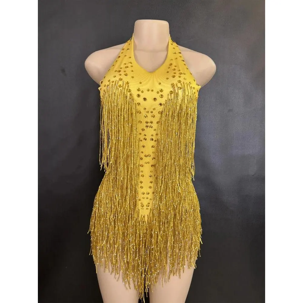 Women's Sleeveless Sparkly Rhinestone Fringe Tassel Bodysuit, Nightclub Party Dance Stage Performance Leotard Costume (7G)