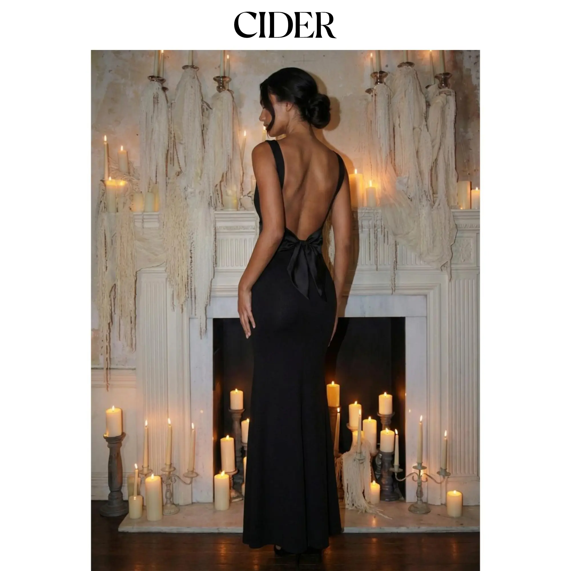 cider backless dress Scoop Neckline Solid Bowknot Maxi Minimalist High Stretch Womenswear US Size:18W