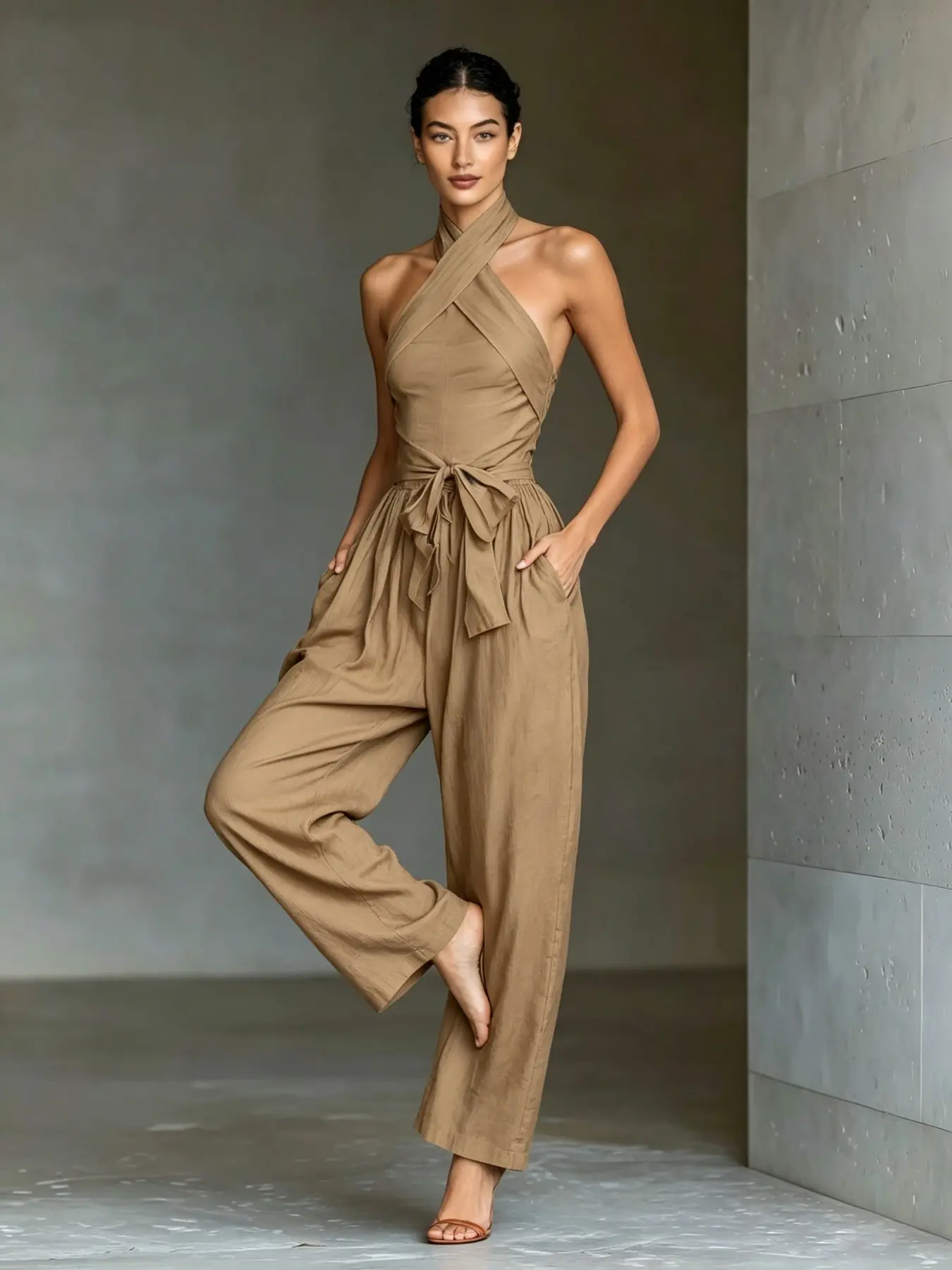 T1085 Trendy Summer Resort Quiet Luxury Jumpsuit, Cross Halter Neck Soft Life Athleisure Outfit, Belted Waist Wide Leg With Convenient Pockets for Dating & Travel.