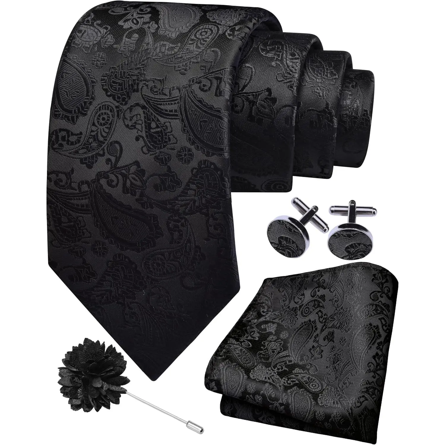 3.15"(8cm) Mens Paisley Tie and Lapel Pin Necktie Hankerchief Cufflinks Set for Men
