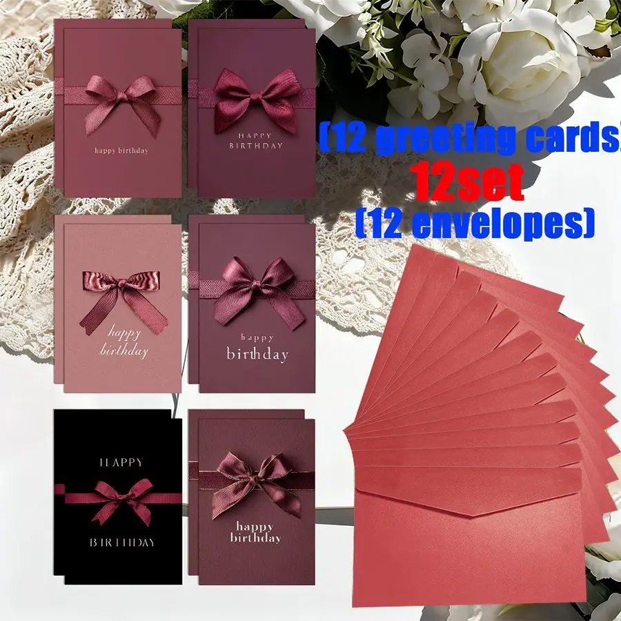 6-Set/12-Set Ribbon Bow Pattern Birthday Card and Envelope Set, Perfect for Holidays, Parties, Event Invitations, Ideal Holiday Gift