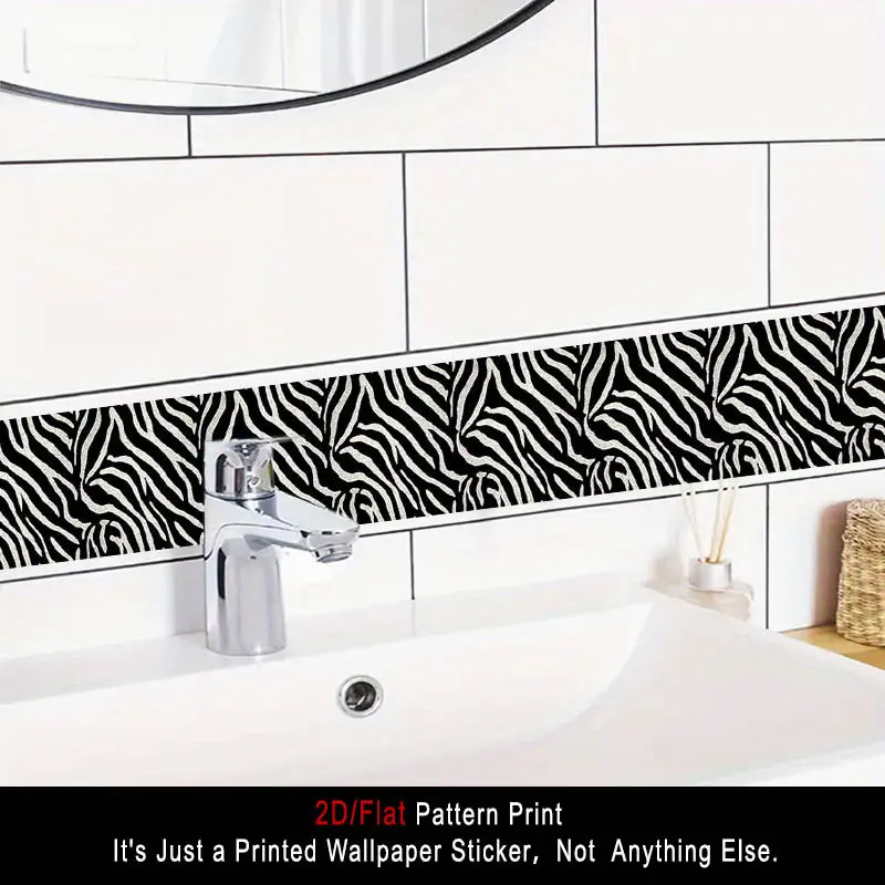1pc 2D/Flat Self-Adhesive Removable Waistline Wallpaper, Black and White Zebra Stripe Pattern PVC Skirting Board Wall Sticker, 3.94×196.85in (10×500cm) Home Decor Film, Self-Adhesive Baseboard Renovation Decal. Peel-and-Stick Wallpaper Border