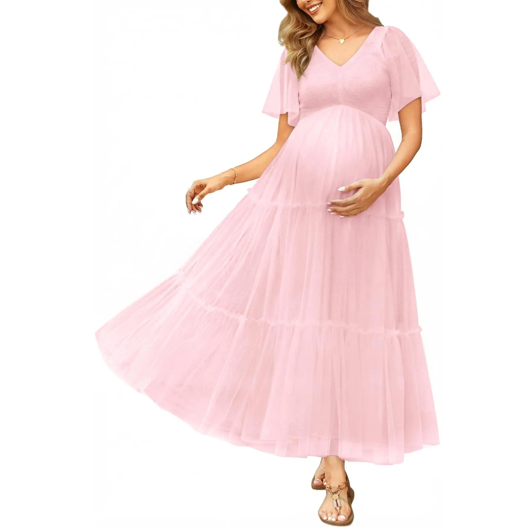 PINUP FASHION Women's Pinup Maternity Maxi Dress, Smocked Bodice, Flutter Sleeves, V-neck, A-line, Polyester Soft Fabric for Photoshoots, Maxi Dresses