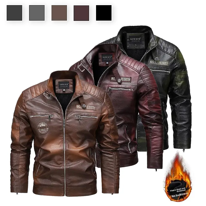 New PU leather jacket for men, thickened and lined, warm, motorcycle, trendy fashion leather jacket, American style for men.