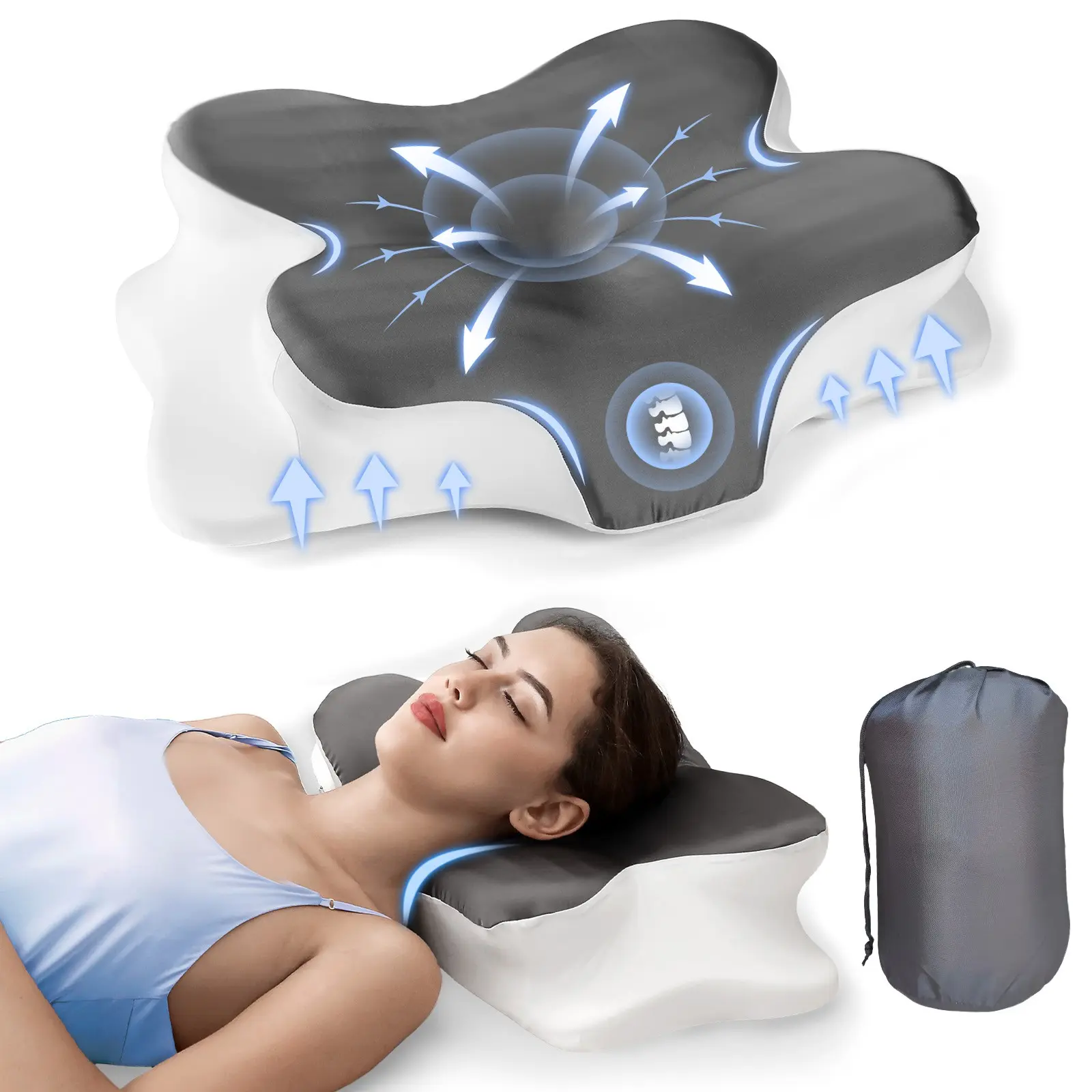 Gray butterfly-shaped neck pillow with storage bag, memory foam pillow, foldable and washable silk pillowcase, the first choice for birthday/Halloween/Christmas gifts, suitable for side, back and stomach sleepers, travel, dormitory and camping essentials
