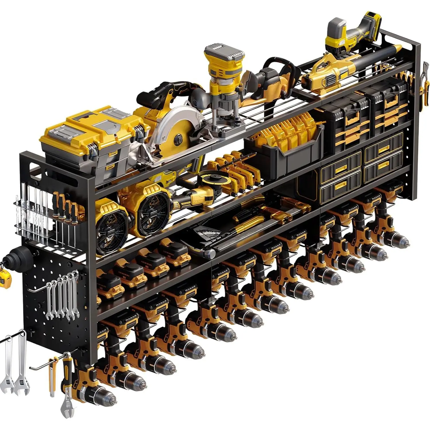 Large 49''W Power Tool Organizer Wall Mount | 620lbs Garage Storage Rack with 12 Cordless Drill Holder | 4-Tier Heavy Duty Utility Shelf for  Workshop Organization