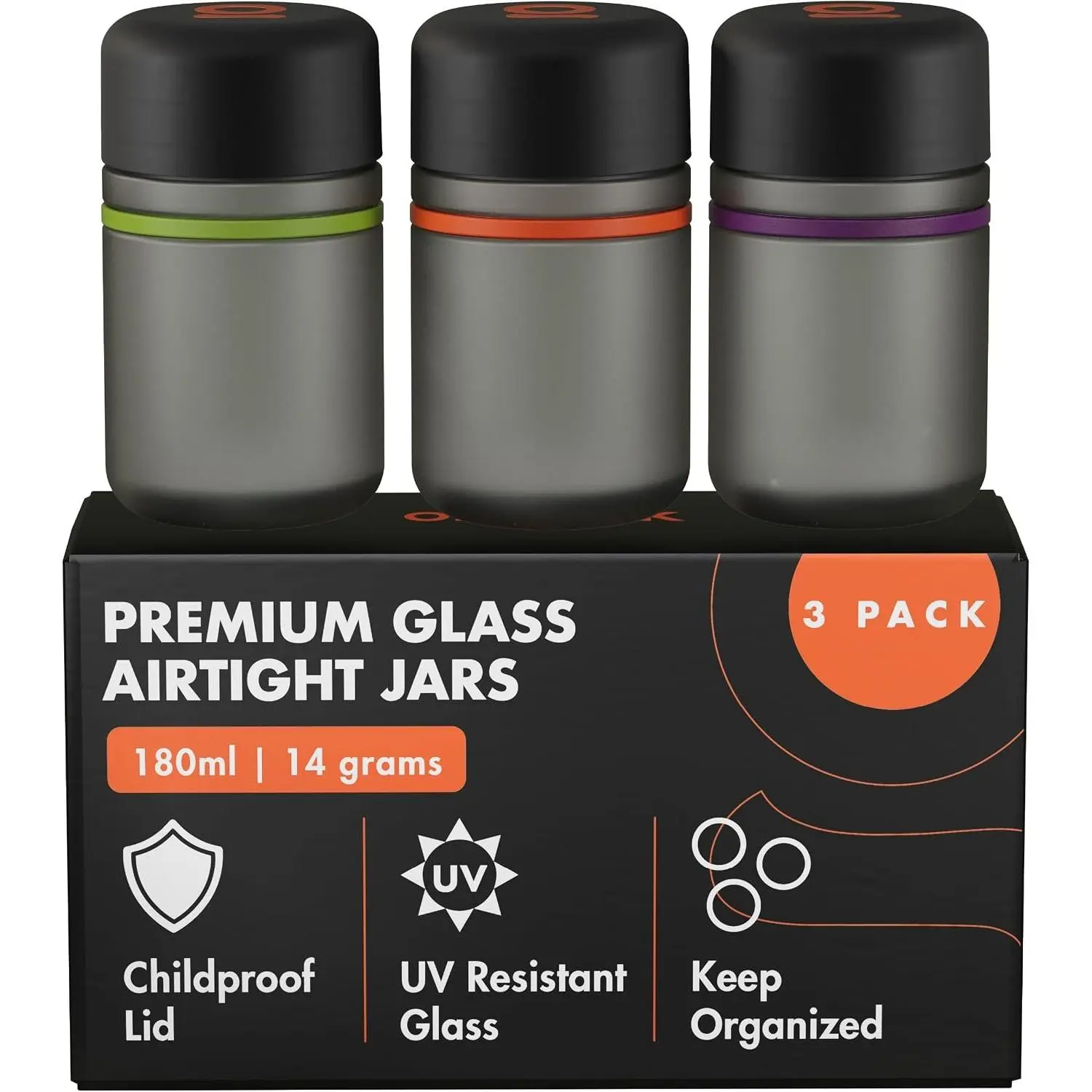 Glass Storage Jar, 180ml, 3 Pack | UV / Jar with ‑Resistant Lid, Color‑Coded Glass Containers to Preserve Smell and Aroma