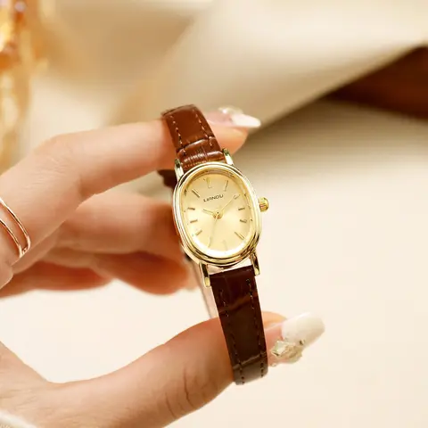 Elegant Women's Fashionable Watches, PU Leather Oval Gold Dial, Quartz Movement, Buckle Closure, All Seasons, Perfect Gift for Her