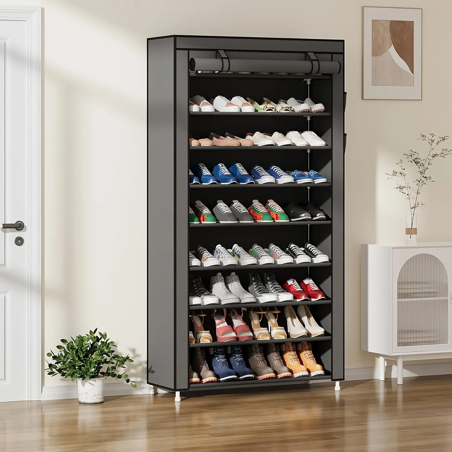10/8/6 Tier Vertical Shoe Rack Storage Shelf, Space Saving Shoe Organizer with Non-woven Fabric Cover, Holds 36-45 Pairs of Shoes, Gray, Suitable for Bedroom Hallway Closet Entry