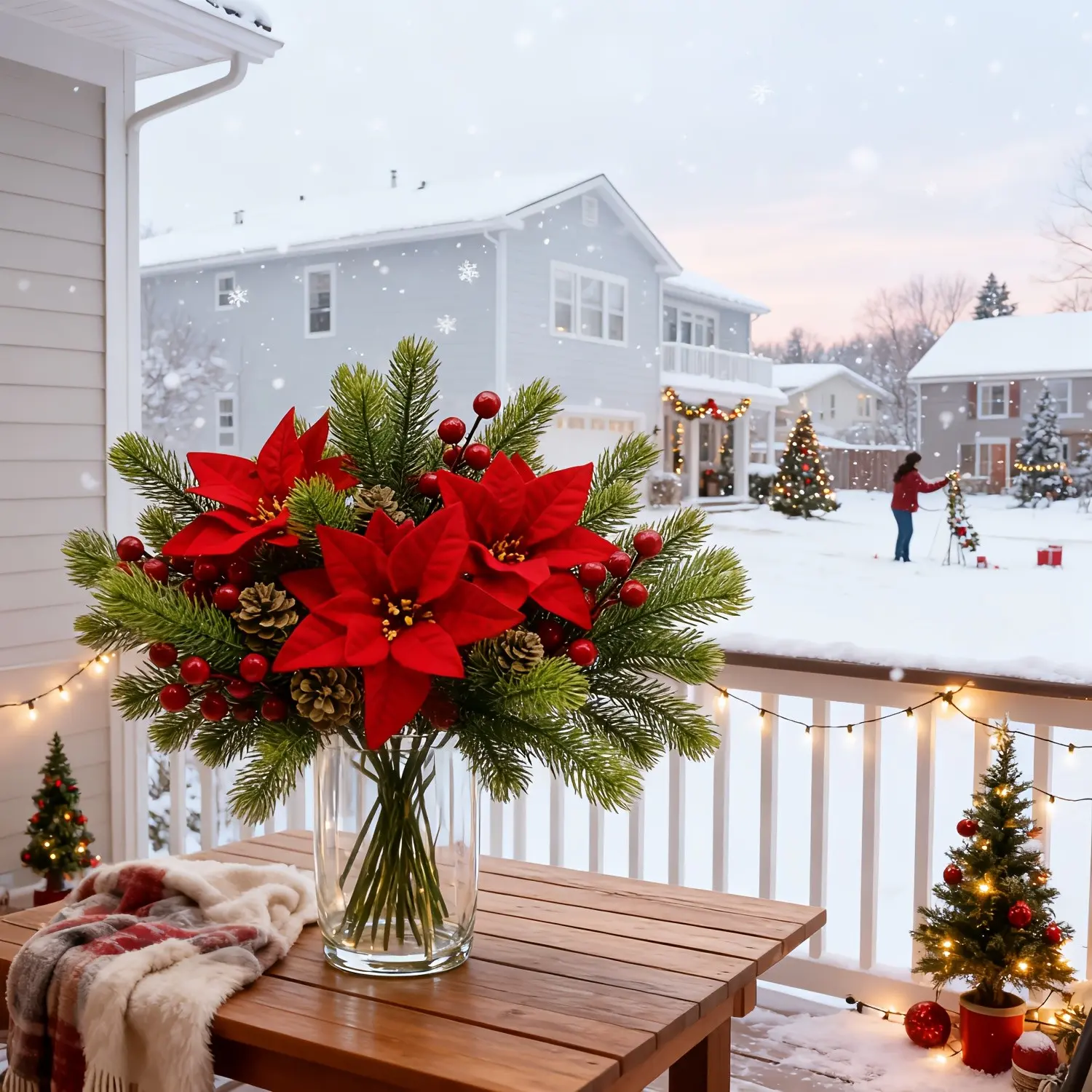 High-End Poinsettia Pine Branch Artificial Flowers with Fake Cones and Berries, Holiday Decor for Home, Christmas, DIY Events, Winter Decoration