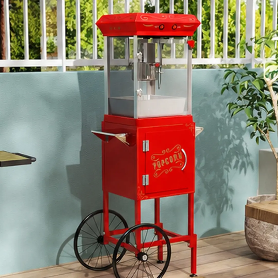 ARCH Vintage Style Red Popcorn Machine Cart with Wheels, 6 Oz Kettle, Stainless Steel Popper Maker with Scoops and Tools, Mobile Serving Cart with Storage Cabinet and Lockers for Commercial Home Movie Theater Use, Red Color Options