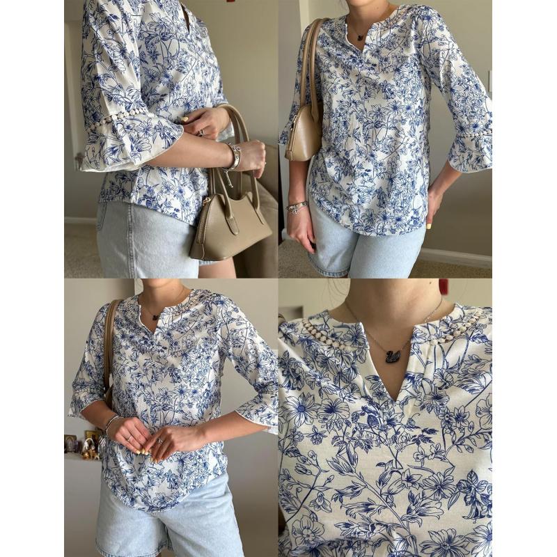 3/4 Length Sleeve Womens Tops Summer Ruffle Sleeve Blouses V-Neck Lace T-Shirts Dressy Casual