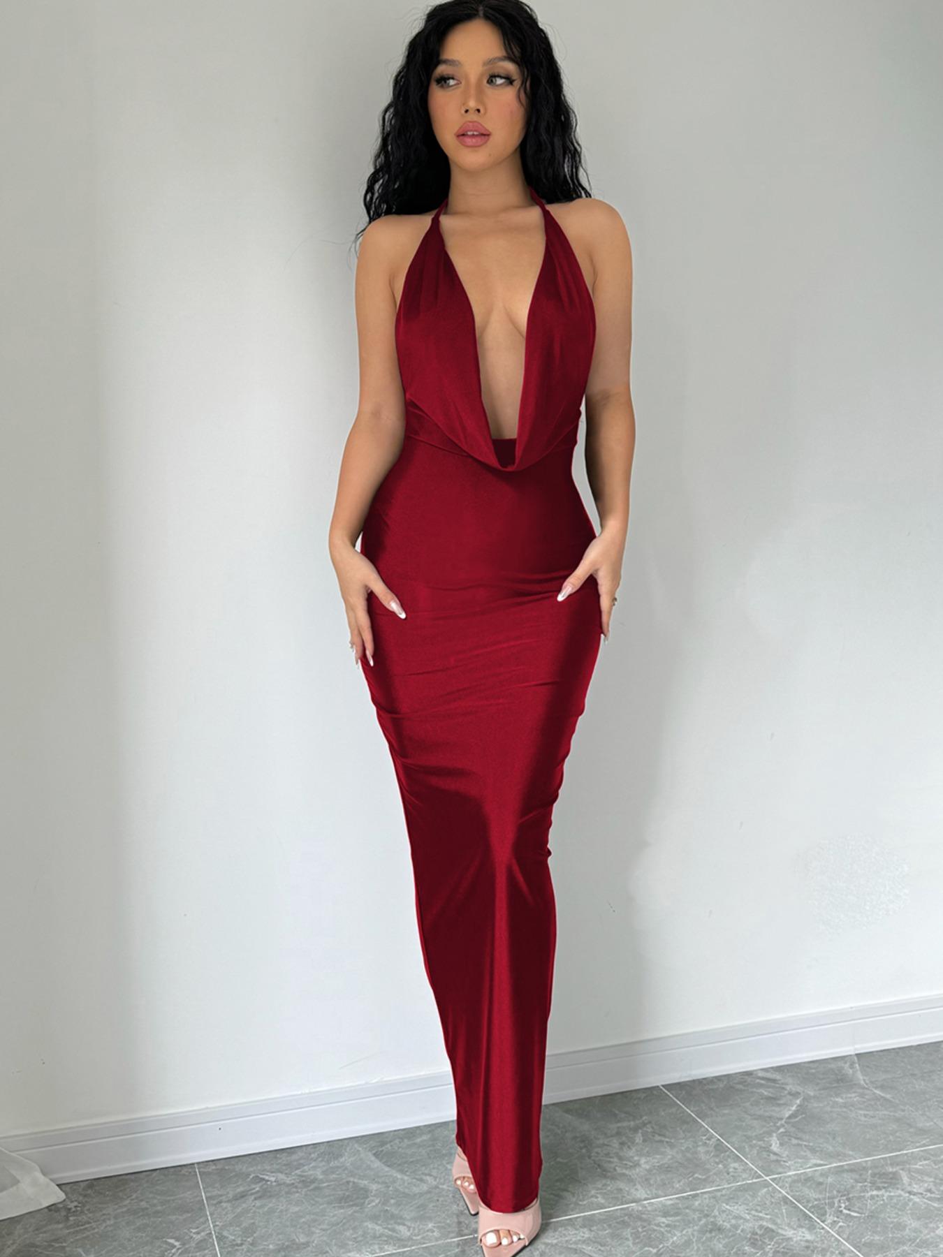 Women's Solid Backless Draped Tie Back Satin Dress, Fashion Halter Neck Sleeveless Long Bodycon Dress for Evening Party, Summer Outfits 2026, Ladies Summer Clothes