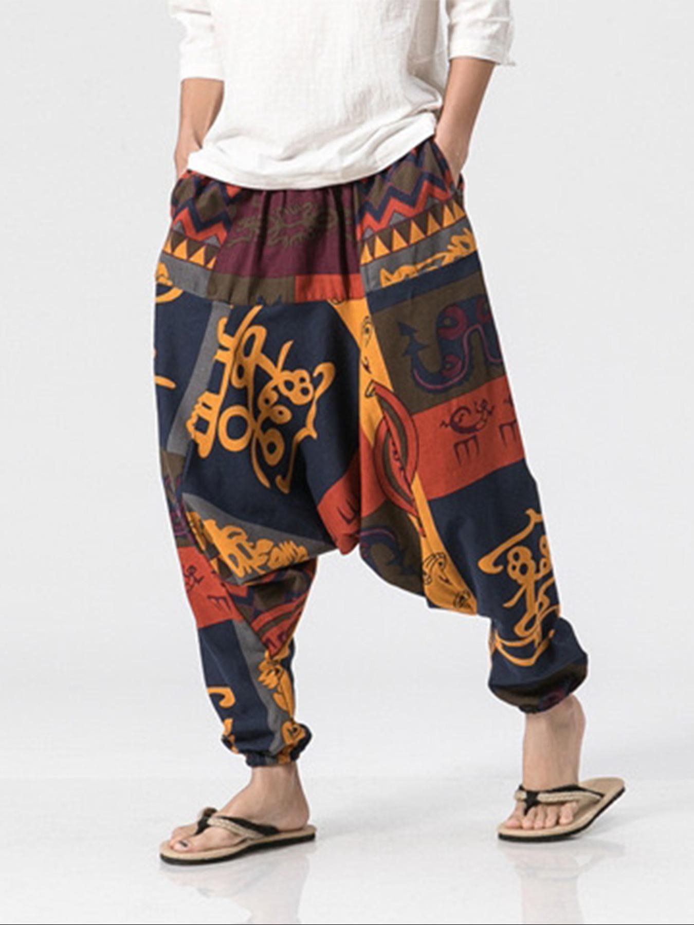 Men's Tribal Pattern Tie Waist Harem, Boho Casual Comfy Trousers for Daily Wear, Men's Bottoms for Summer, Bohemian Trousers