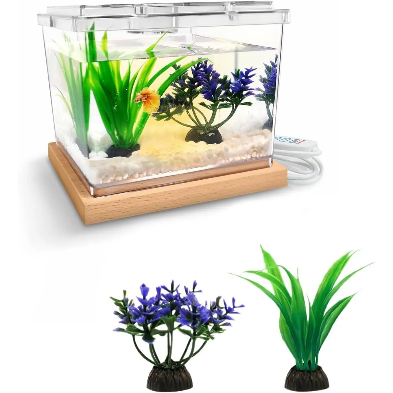 Mini Betta Fish Tank Kit with LED Light Base, 0.2 Gallon Temporary Holding Tank with Artificial Plants (Kit-2)Gift