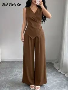Caramel Color Sleeveless V-Neck Waist-Tight Top + Wide Leg Pants Set for Women, Professional Commute Style, Elegant, Spring Summer