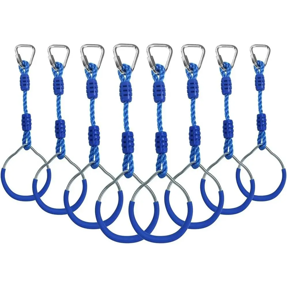 Outdoor Backyard Gymnastic Fitness Jungle Gym Play Set Playground Training Equipment, 8 Blue Swing Monkey Bar Hang Climbing Ring Warrior Obstacle Course Trapeze Slackline Attachments