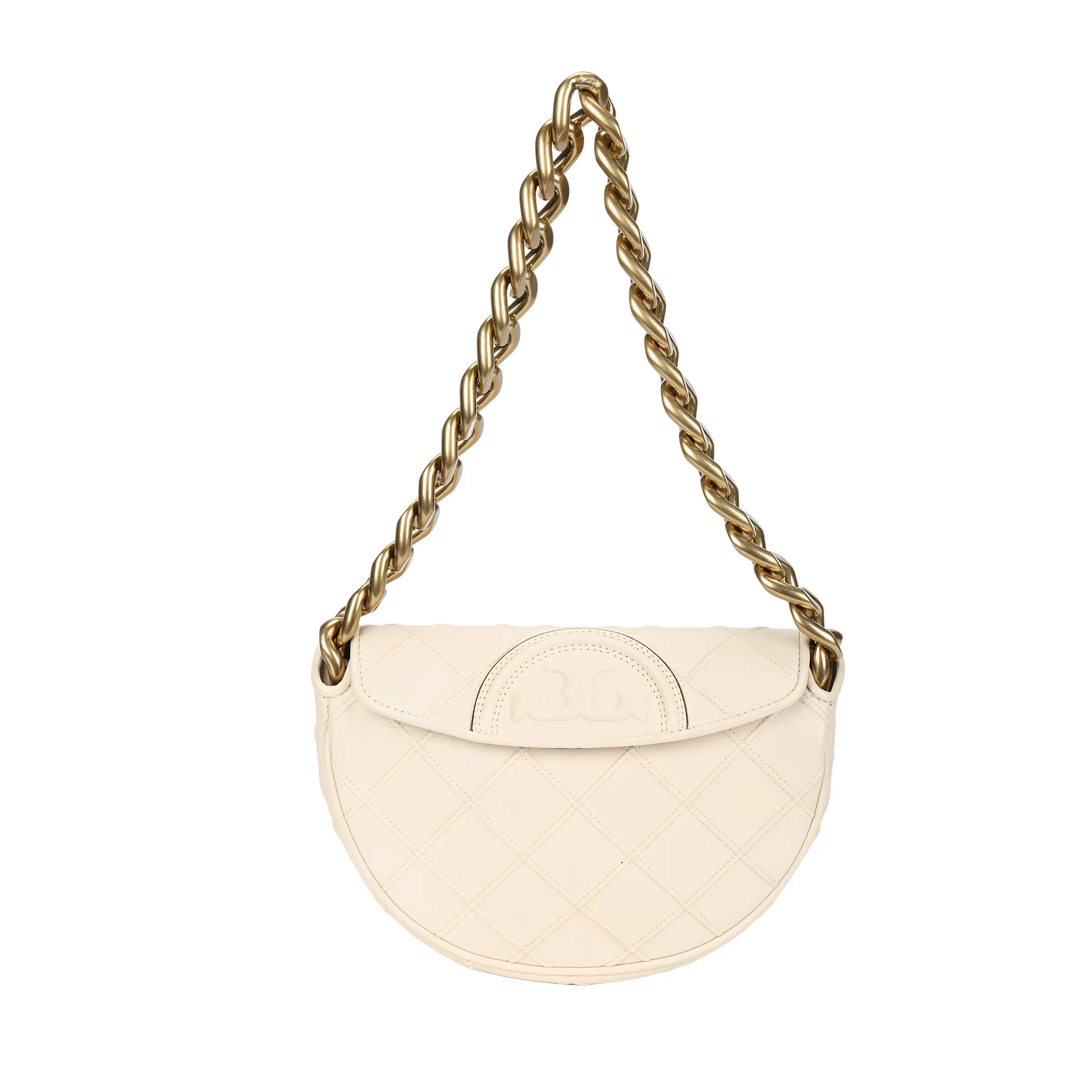 Tory Burch Fleming Spring/Summer 2023 Quilted Crescent Crossbody Bag for Women, Cream White Leather