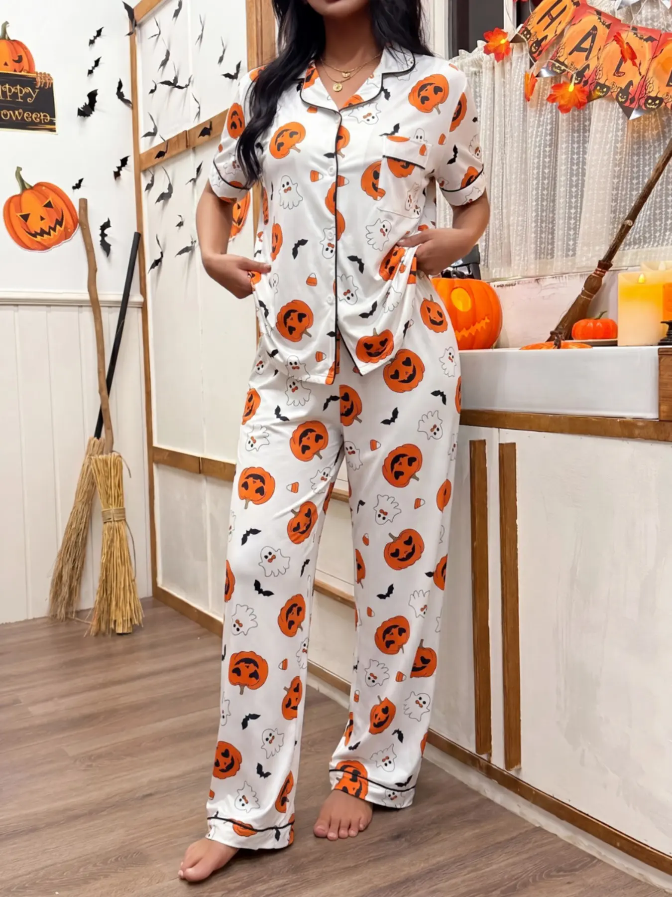 Halloween Pumpkin Pajama Set for Women, Ladies Loungewear, Fitted Casual Sleepwear, Fall & Winter Holiday Gift, High-End Print Home