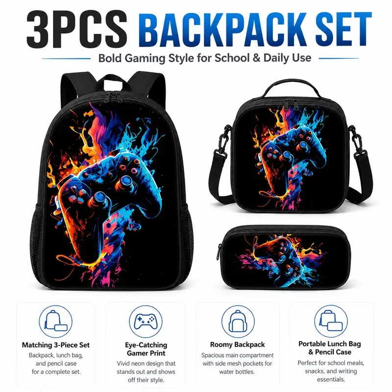 Gamepad pattern printed 17-inch trendy backpack three-piece set School Backpack Set (single-layer backpack + shoulder strap round lunch bag + single-layer pencil bag)