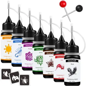 Temporary Tattoo Ink and Stencils Kit, Skin Friendly for Adults Teens, 7 Assorted Colors: Black Red Brown Green Purple Blue Orange