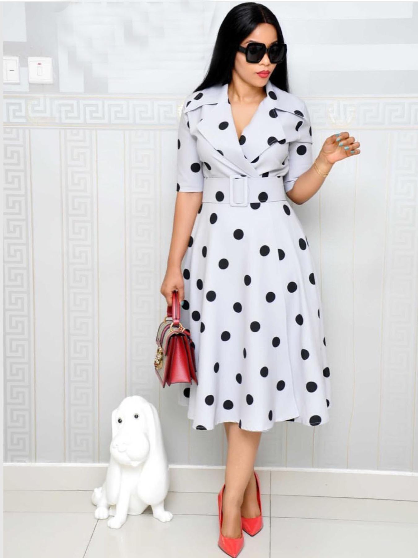 Elegant Chic Women's Midi Dress with Belt, Polka Dot Pattern, Short Sleeve, Fitted Design for Fall Style