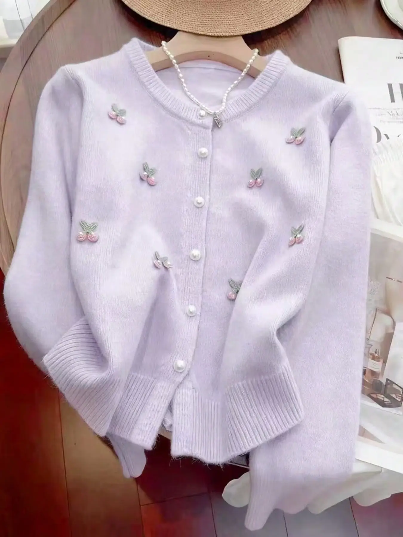 Women's Soft Cherry Knit Button Cardigan, Fashionable Loose-Fitting Sweater for Fall & Winter, Stylish and Versatile Outerwear