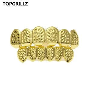 New Fit Gold Color Plated HipHop D-Cut Teeth Grillz Caps Top&Bottom Grill Set for Christmas Party,Women,Men