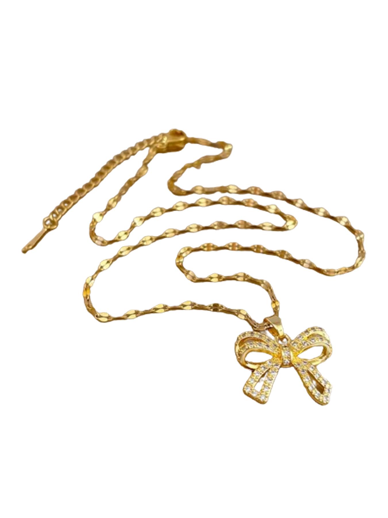 Elegant Rhinestone Bow Decor Pendant Necklace for Women for Gift, Jewelry Gifts, 2024 Trendy Stainless Steel Matching Jewelry, Luxury Shiny Dainty Accessory, Statement Necklace