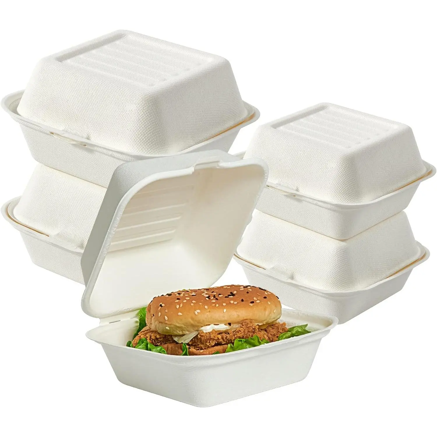 200 Pack Clamshell Take Out Food Containers, 100% Compostable Disposable To Go Containers, 6 * 6 inch To Go Boxes for Salad, Cake, Sandwiches