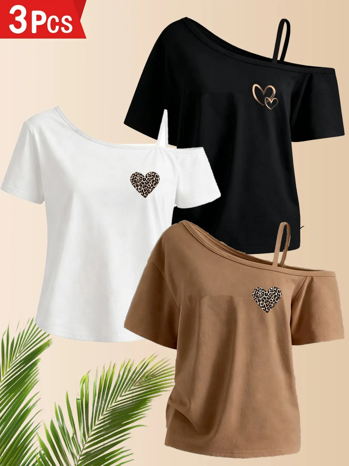 3-Pack Asymmetrical Neck Halter Top Women's Short Sleeve T-Shirts, Heart Print Fashion Tops, Spring Summer Daily Wear