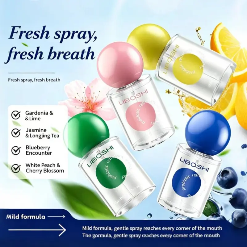 Multi-flavor Portable Oral Breath Freshener Spray, Bad Breath Killer, Pocket Size Mouth Mist in Peach, Mint Lemon, Jasmine Green Tea & Blueberry Scents, Gentle Daily Oral Care Spray for Dating & Daily Use