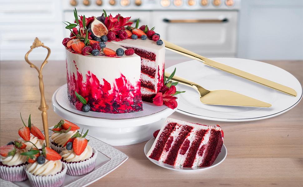 Cake Cutting Set for Wedding, Elegant Cake Knife and Server Set with Thickened Stainless Steel Rounded Edges, Cake Cutter Pie Spatula for Birthday Anniversary Christmas, 2 Pcs, Gold