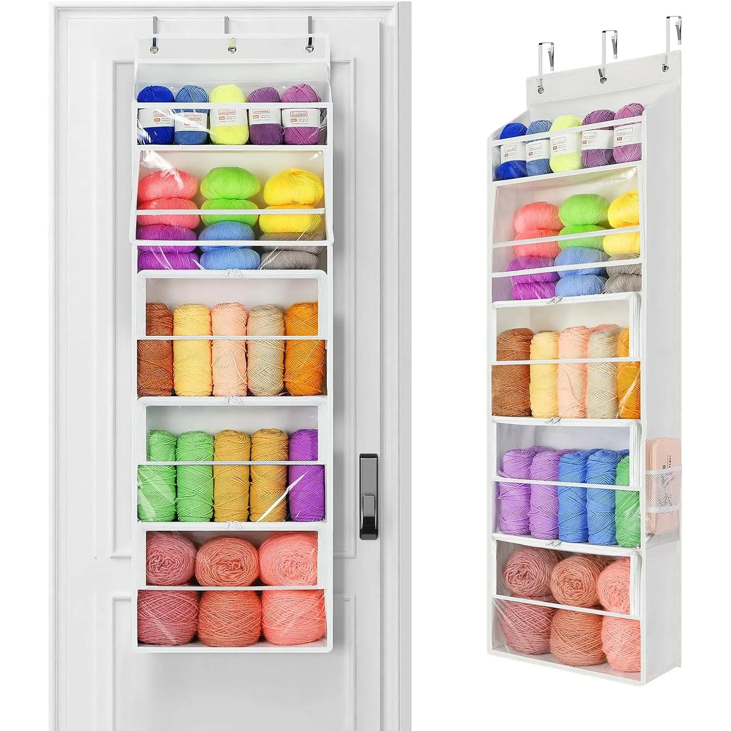 Yarn Storage Organizer with Zippered Closure Compartments, Heavy Duty Stuffed  Storage with Clear Full-Front PVC,  Yarn Holder for Crochet Storage,  White 5 Tier