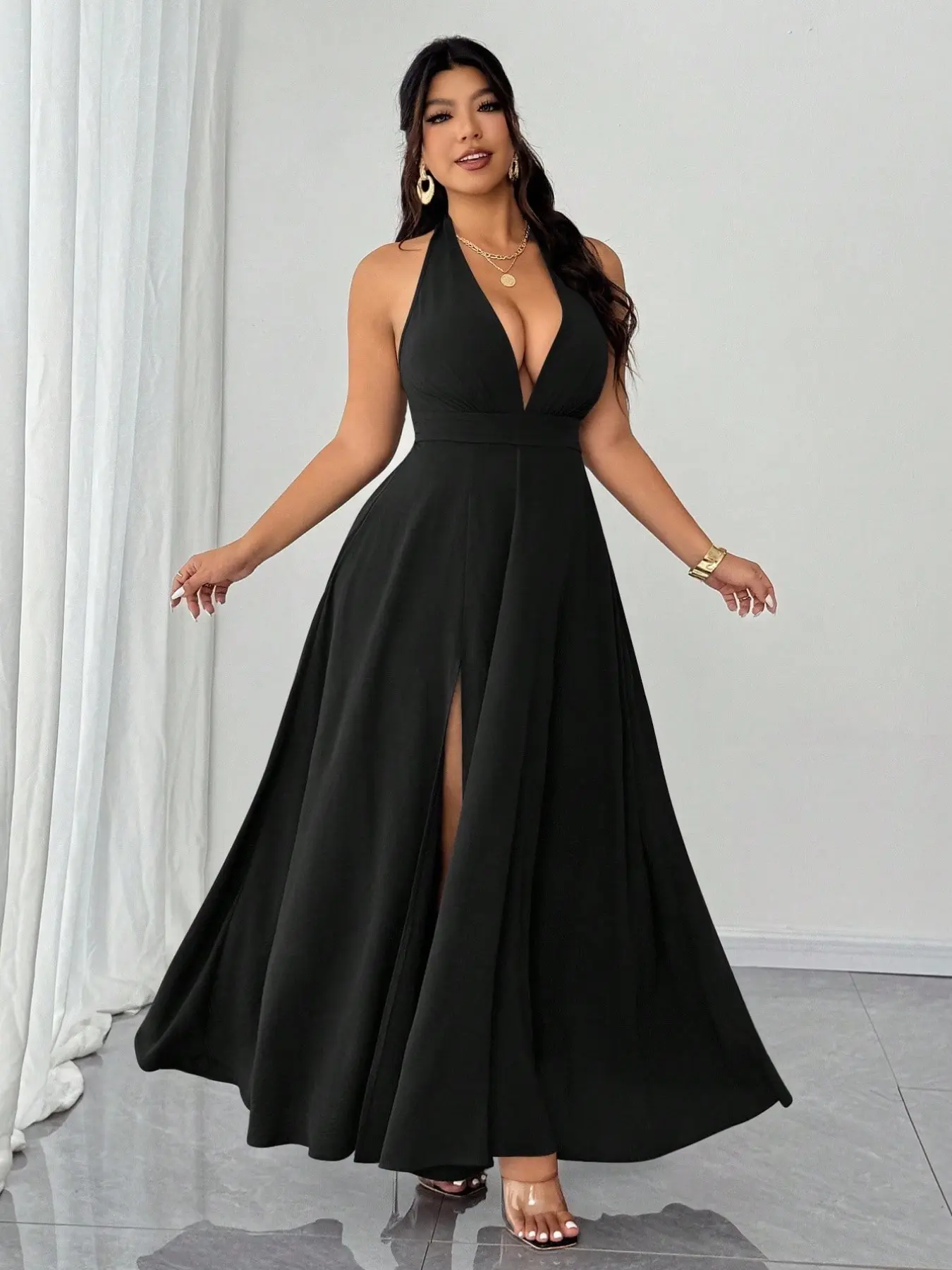Plus Size Halter Deep V Maxi Dress, Sleeveless Empire Waist, High Slit Flowy Formal Gown, Curvy Wedding Guest Evening Dress