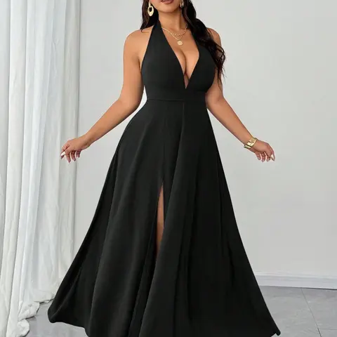 Plus Size Halter Deep V Maxi Dress, Sleeveless Empire Waist, High Slit Flowy Formal Gown, Curvy Wedding Guest Evening Dress, Evening Gowns