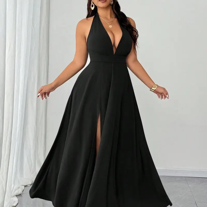 Plus Size Halter Deep V Maxi Dress, Sleeveless Empire Waist, High Slit Flowy Formal Gown, Curvy Wedding Guest Evening Dress, Evening Gowns