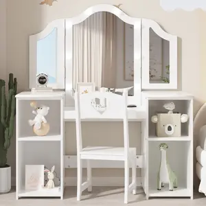 Kids Vanity Table and Chair Set, Princess Makeup Table and Chair Set, Detachable Tri-Folding Mirror, Wooden Kid Makeup Dressing Table, for Bedroom