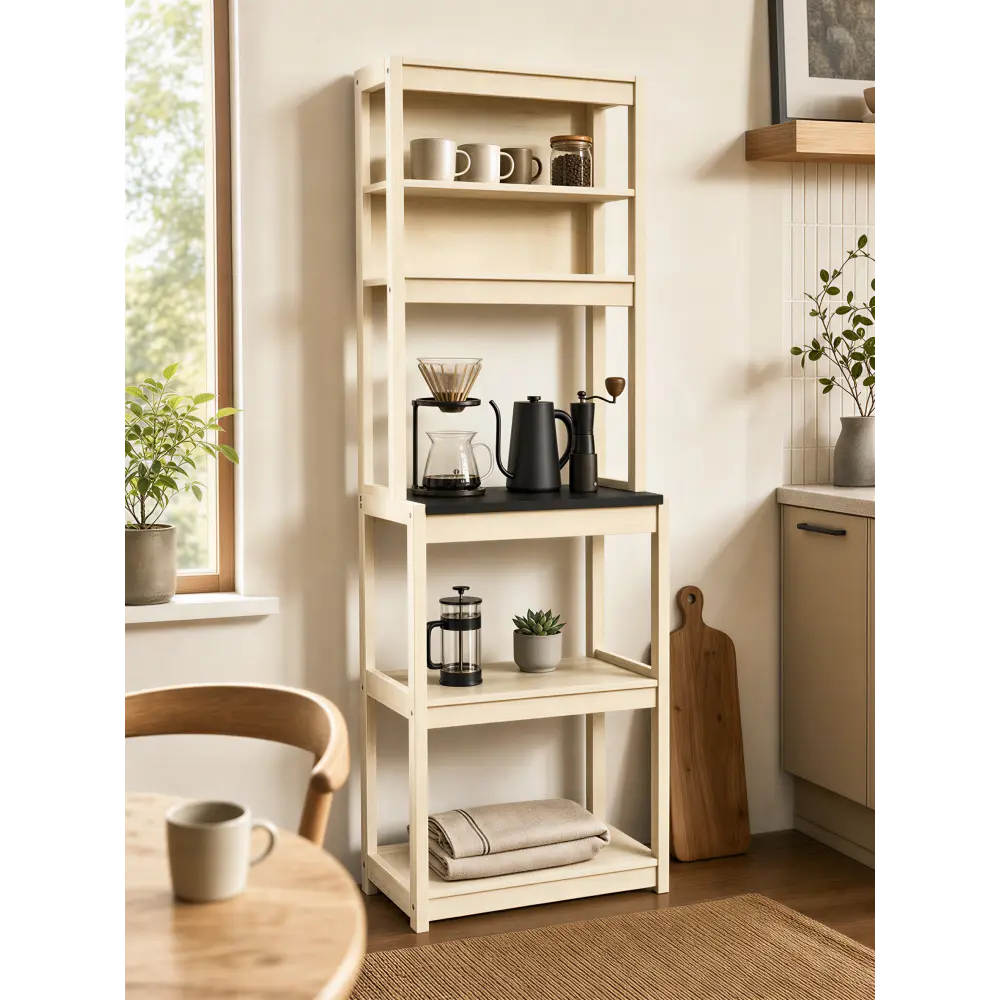 23.62" White and Black color Bakers Rack for Kitchen with Storage, Coffee Bar, 5-Tier Kitchen Shelves, Microwave Stand