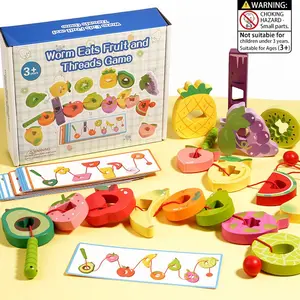 1 Set of Children's Fruit & Worm Threading Toy, Bead Stacking & Matching Toy, Fun Lacing Toy, Includes 16 Fruit Beads, 20 Double-Sided Cards, and 1 Storage Pouch. A Logic and Concentration Training Toy for Kids, Great Gift for Boys and Girls Ages 3-6.