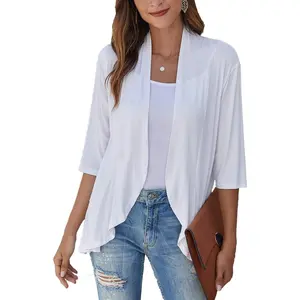 Lightweight Open Front Cardigans Soft Draped Ruffles 3/4 Sleeve Cardigan