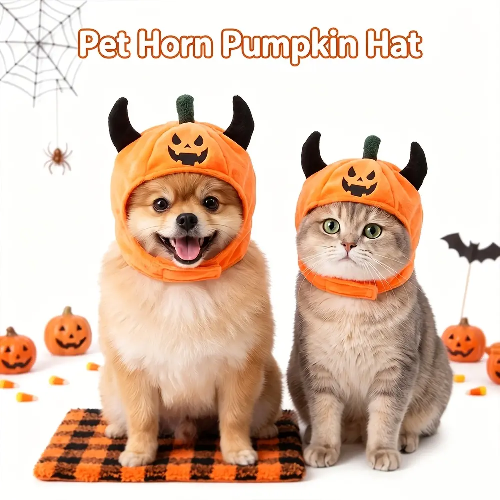 Halloween Pet Hat Costume, Cute Demon Pumpkin Headwear for Cats & Dogs, Funny Holiday Dress Up Accessory with Soft Warm Comfortable Fit, Adorable Puppy Kitten Outfit for Halloween Party, Trick or Treat, Pet Photos & Seasonal Gifts